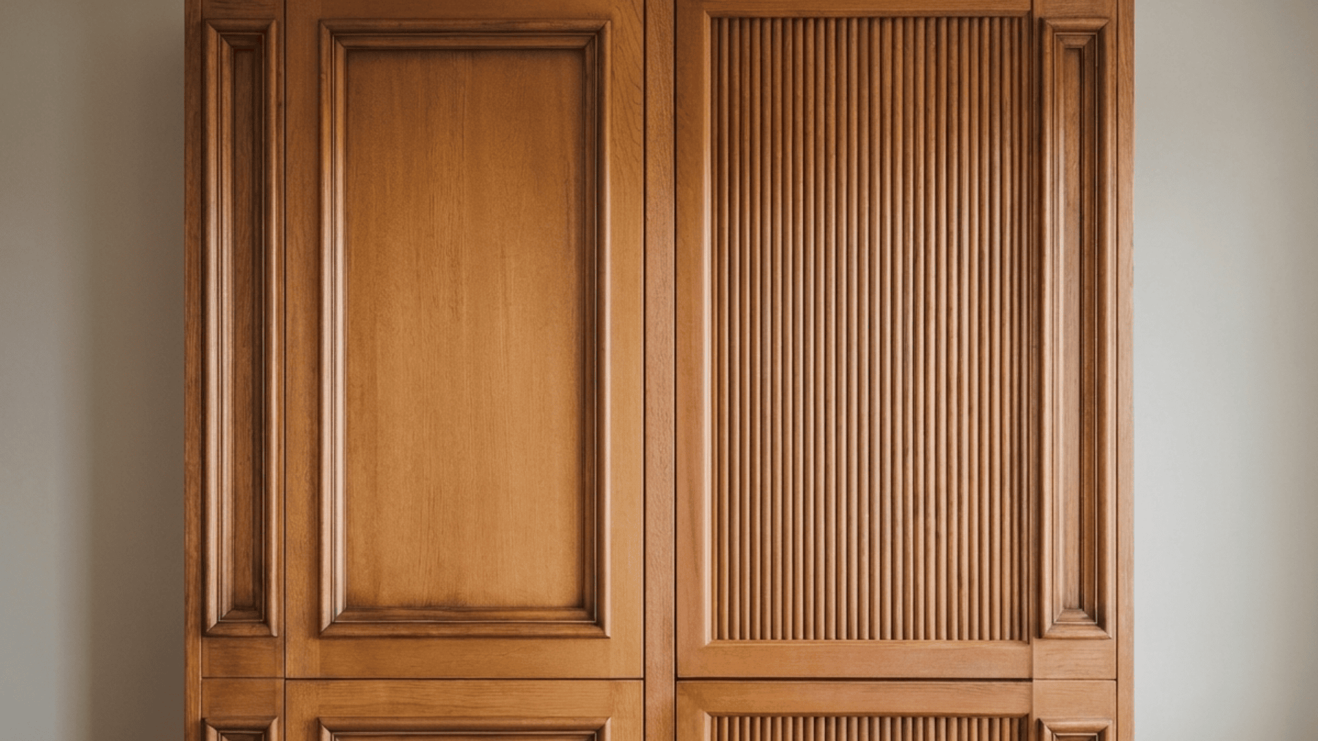 a finished shaker cabinet door and a fluted cabinet door installed side by side on a wall with warm amber lighting