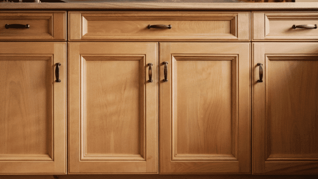 a finished shaker cabinet door installed on a kitchen cabinet showing a clean frame and panel design with warm amber lighting