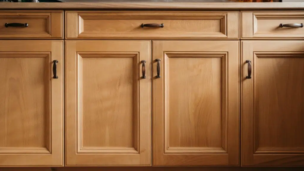 a finished shaker cabinet door installed on a kitchen cabinet showing a clean frame and panel design with warm amber lighting