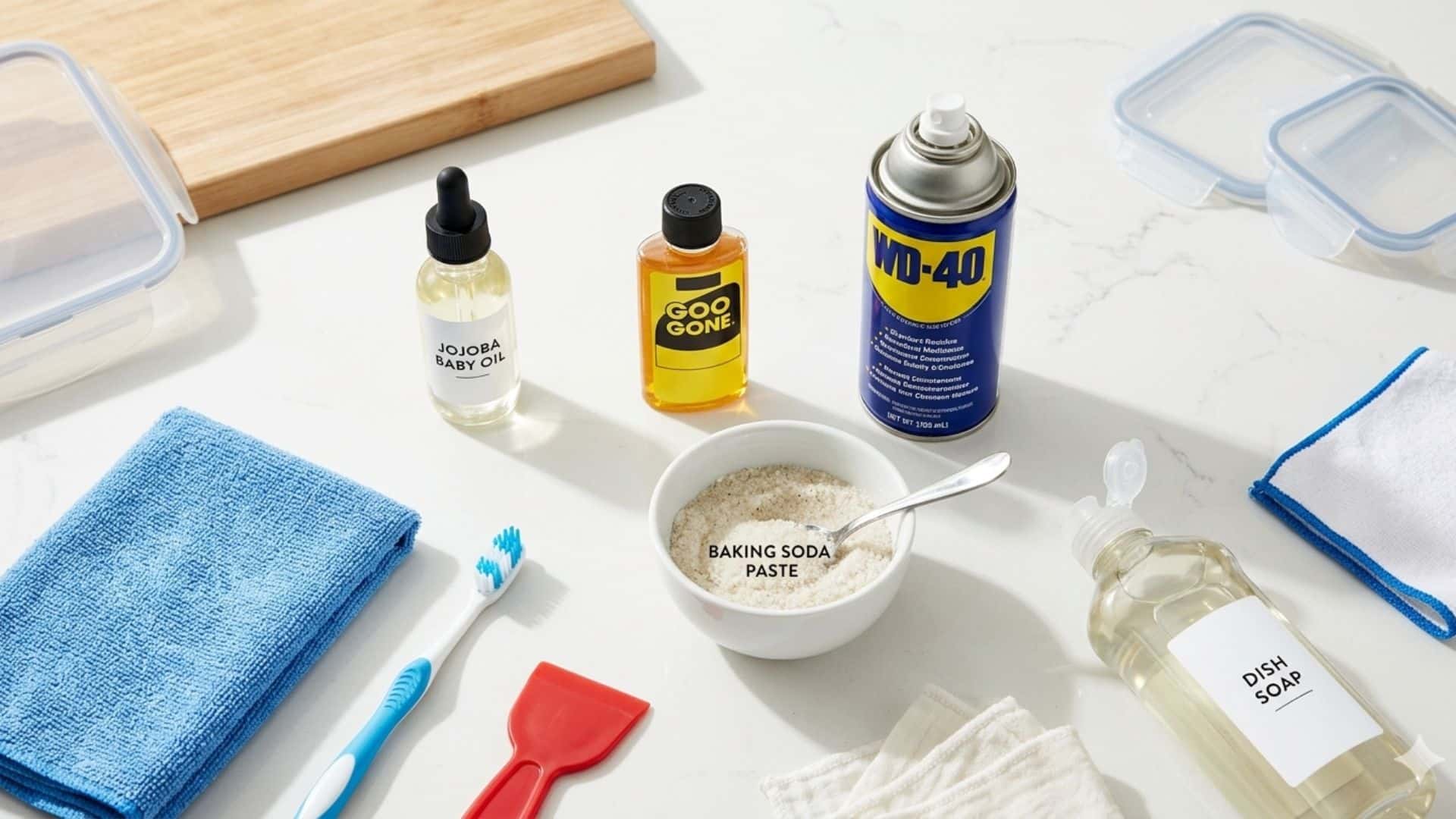 a flat lay of cleaning essentials baby oil, Goo Gone, WD-40, dish soap, baking soda paste, a microfiber cloth, a toothbrush, and a red scraper on a white counter