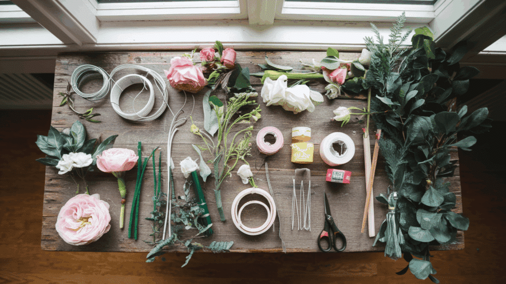 a flat lay of floral arrangement supplies including roses, greenery, wire, tape, scissors, and pencils on a wooden table