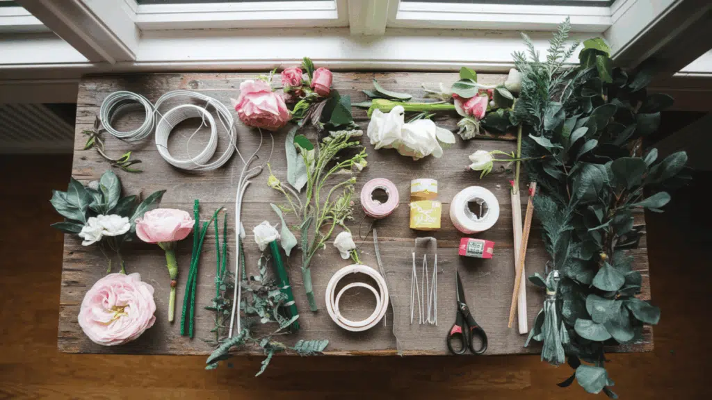 a flat lay of floral arrangement supplies including roses, greenery, wire, tape, scissors, and pencils on a wooden table