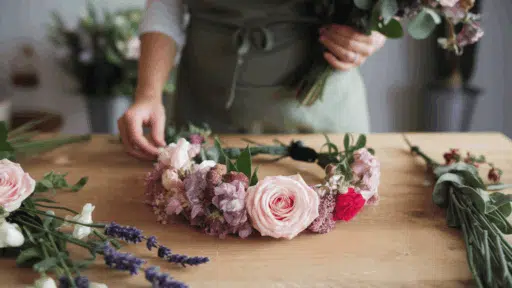 a floral crown made of pink and purple flowers sits on a wooden table, with a person assembling a bouquet in the background.