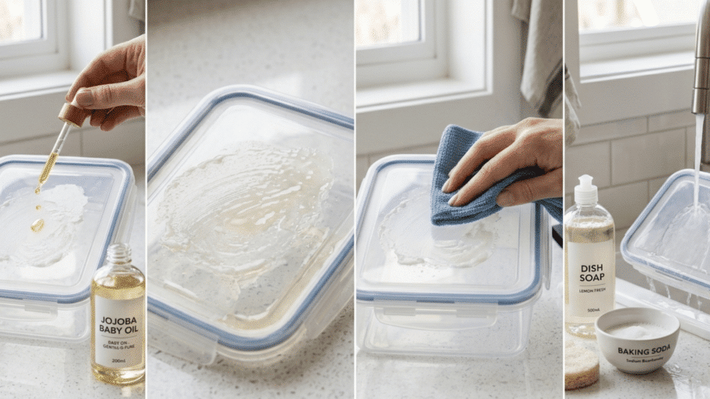 a four-step photo guide showing how to remove sticker residue from a plastic container using baby oil, soaking, wiping, and rinsing with dish soap and baking soda