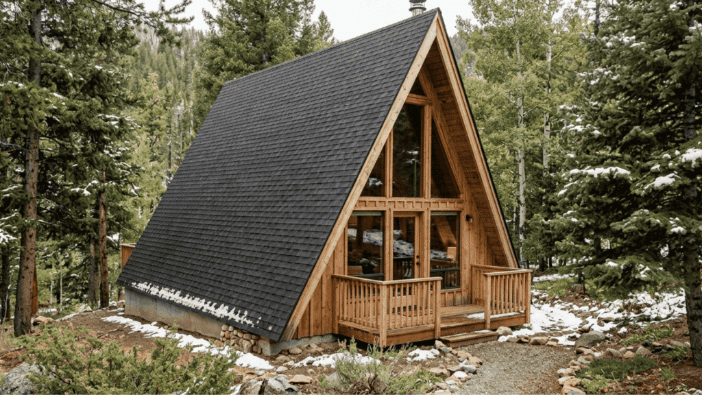 a frame cabin with steep roof wooden exterior surrounded by forest trees and light snow in nature setting