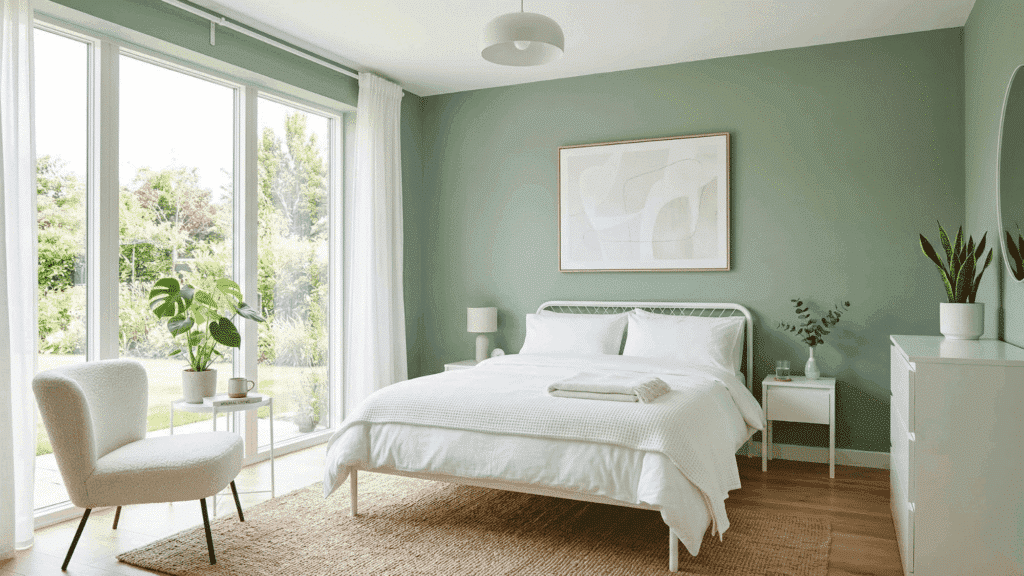 a fresh room with white furniture and green walls, bright and minimal design