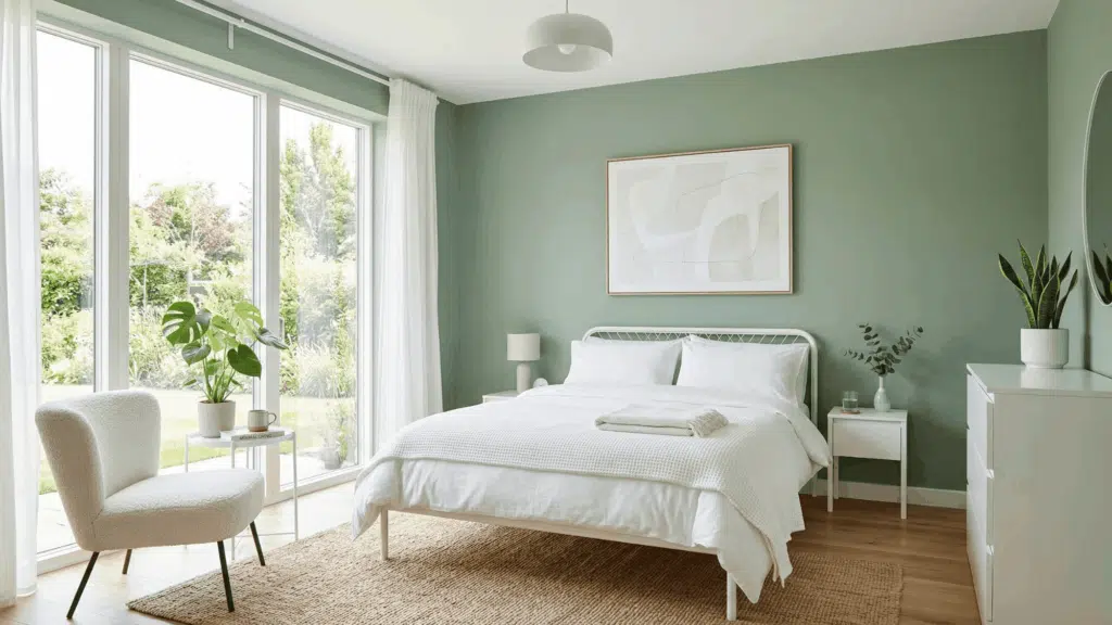 a fresh room with white furniture and green walls, bright and minimal design