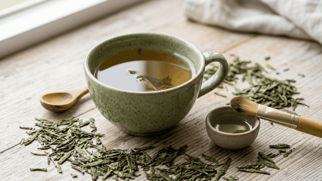 a freshly brewed cup of green tea beside a small applicator bowl and brush with green tea leaves scattered on a wooden surface