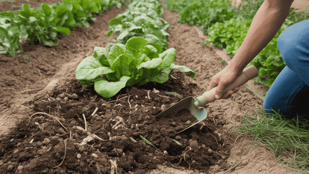a gardener mixing dark garden soil with compost in an in-ground vegetable bed with rows of growing vegetables in the background