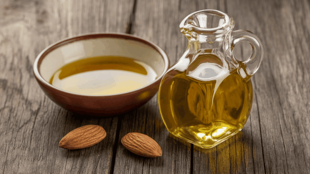 a glass bottle of almond oil tipped beside a ceramic bowl with golden oil pooling inside and raw almonds scattered on a wooden surface
