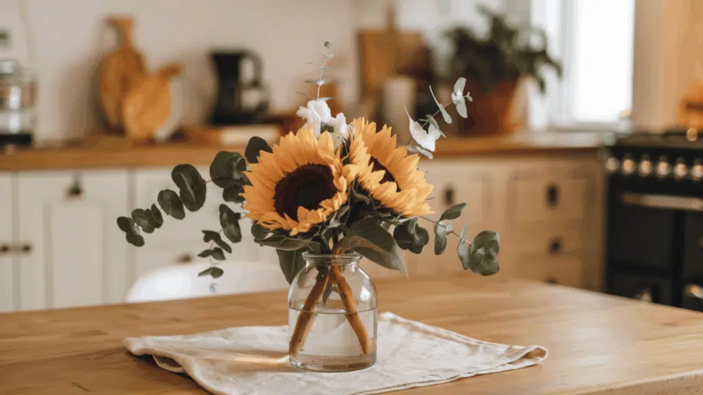 a glass vase with fresh sunflowers and eucalyptus stems placed on a wooden kitchen table in warm natural light