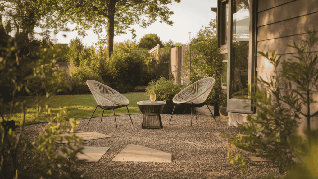 a gravel patio seating area with two outdoor chairs and a small wooden table in a sunny backyard surrounded by green plants