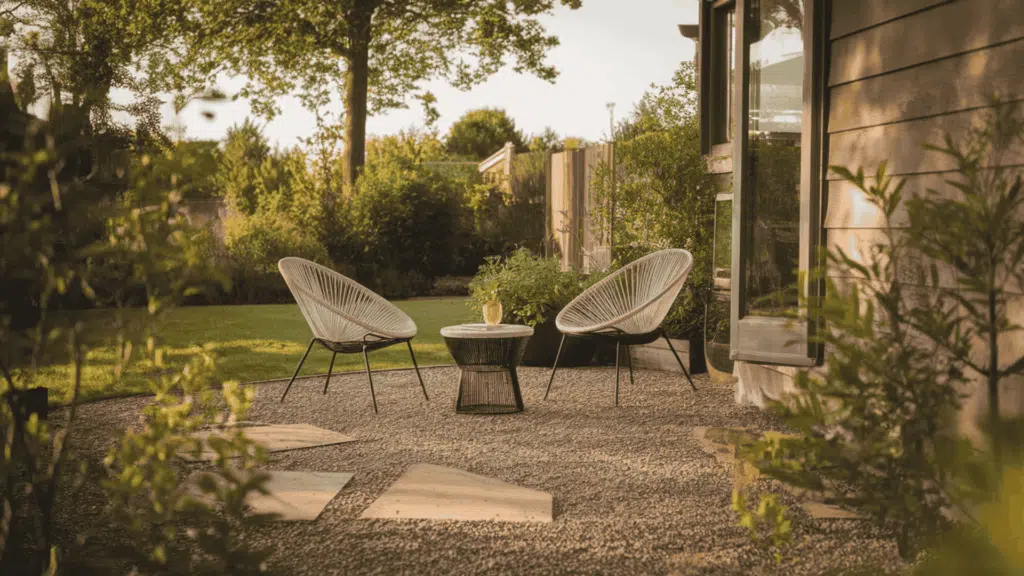 a gravel patio seating area with two outdoor chairs and a small wooden table in a sunny backyard surrounded by green plants