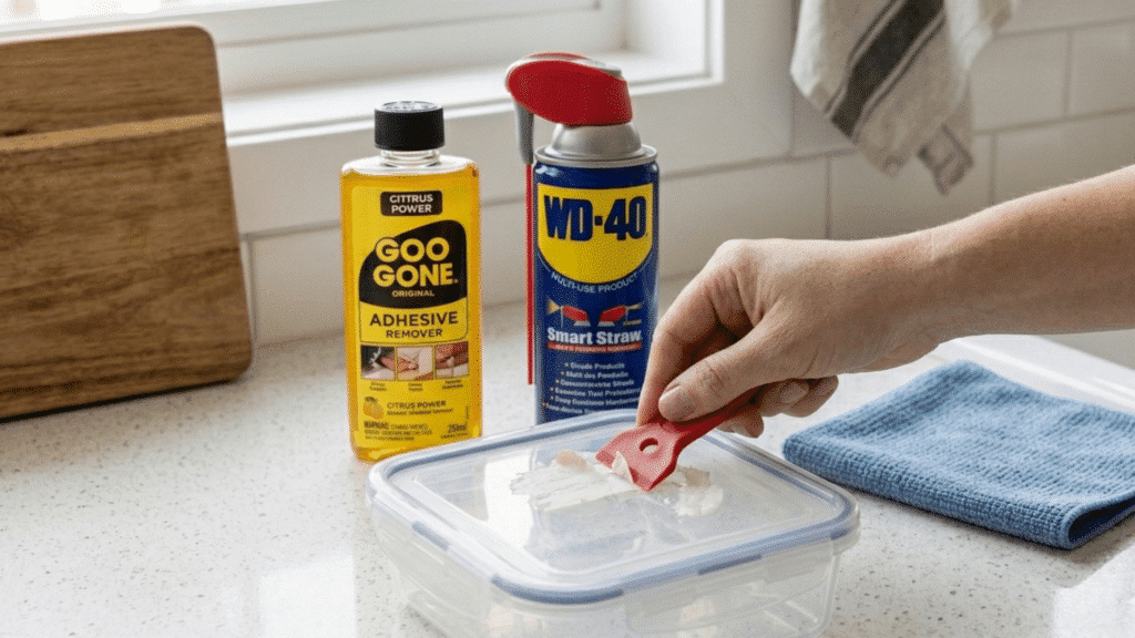 a hand using a red plastic scraper to lift sticker residue from a plastic lid, with bottles of Goo Gone and WD-40 in the background