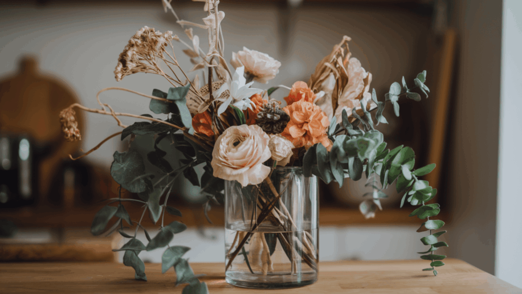a handmade floral arrangement mixing fresh flowers, dried stems, and garden greenery in a glass vase on a kitchen table