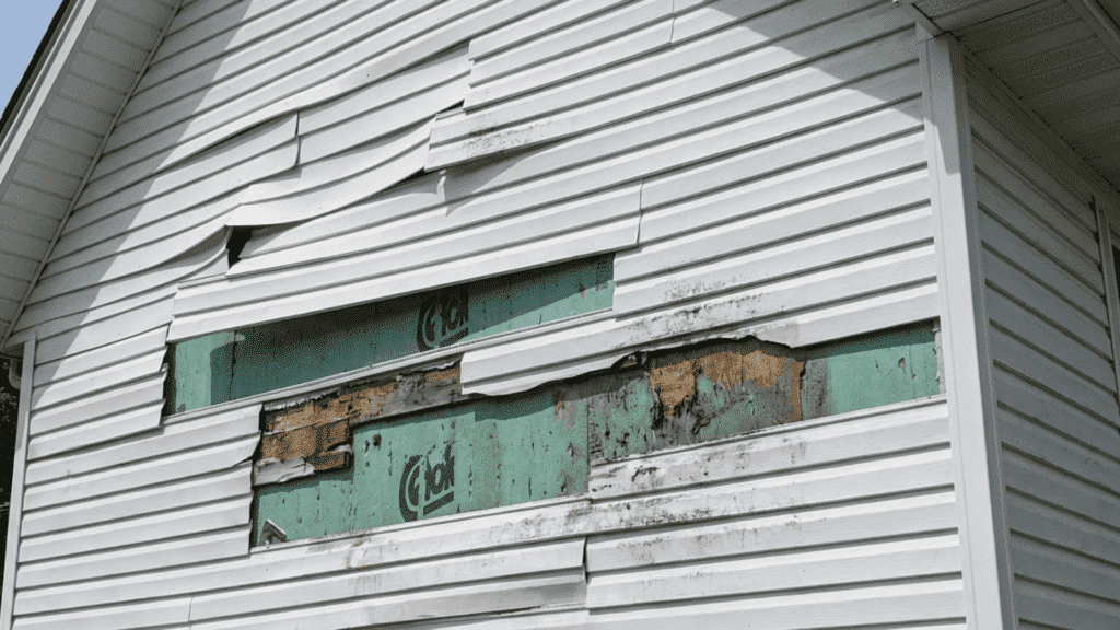 a house exterior with vinyl siding showing loose and missing panels leaving the wall underneath exposed to weather and moisture