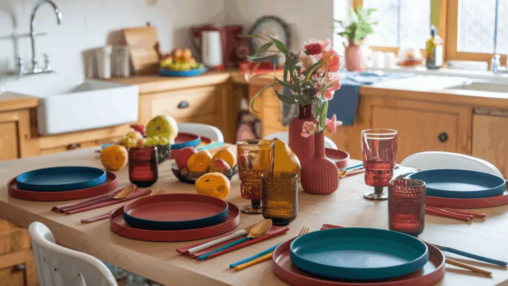 a kitchen table set with bold terracotta and deep blue plates, colorful napkins, and matching glassware in natural light