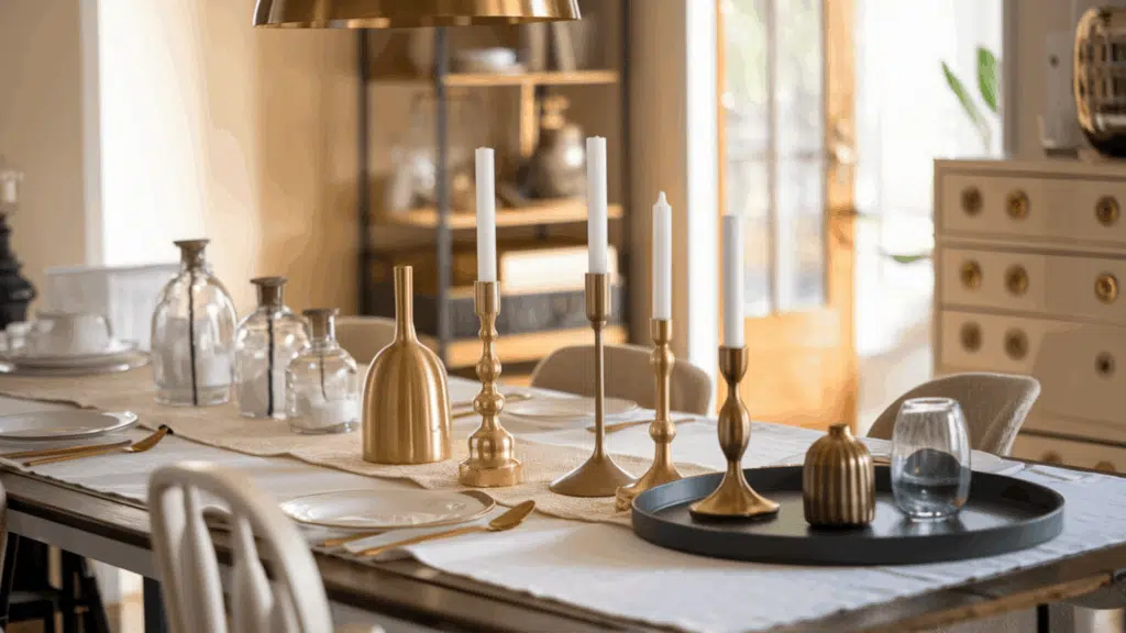 a kitchen table styled with gold, brass, and matte black metal accents including candle holders and a tray in natural light