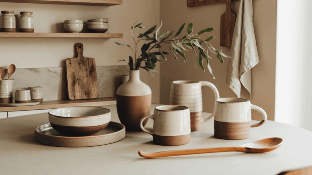 a kitchen table vignette featuring ceramic pieces, a wooden element, and greenery arranged in varying heights with earthy tones