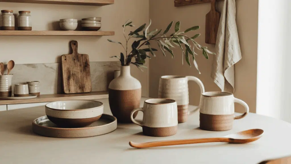 a kitchen table vignette featuring ceramic pieces, a wooden element, and greenery arranged in varying heights with earthy tones