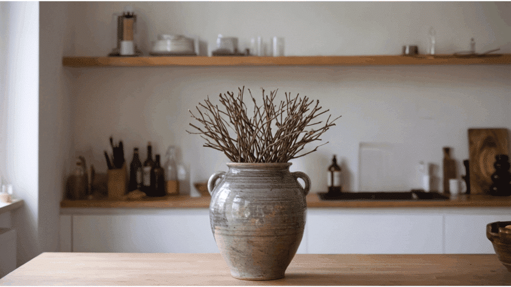 a large ceramic vase with stems placed as a bold centerpiece on a wooden kitchen table