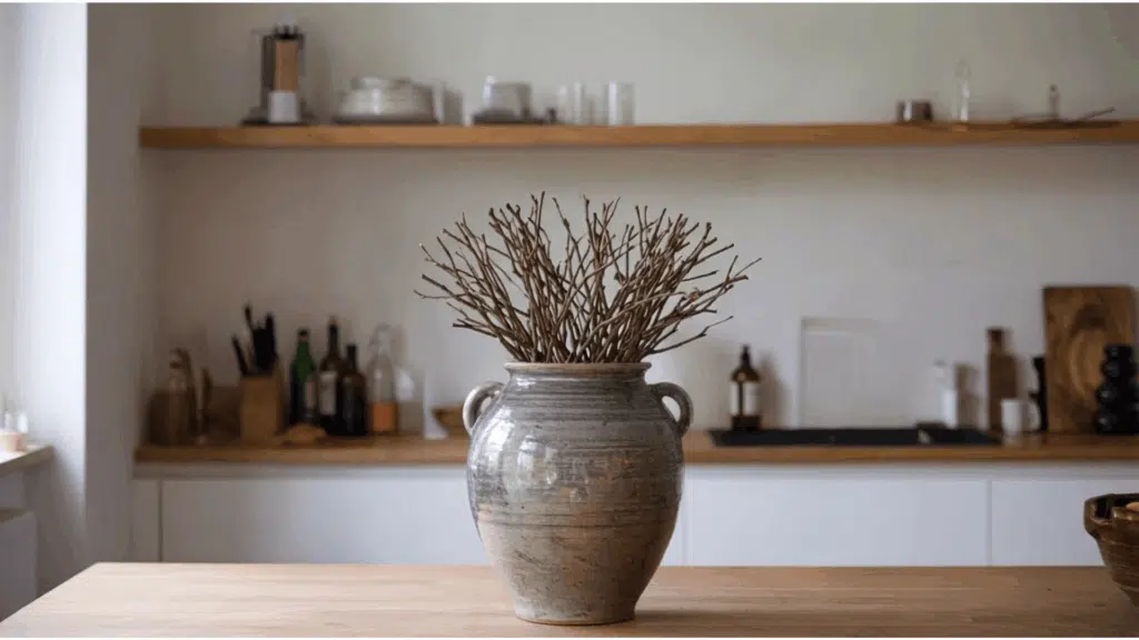a large ceramic vase with stems placed as a bold centerpiece on a wooden kitchen table