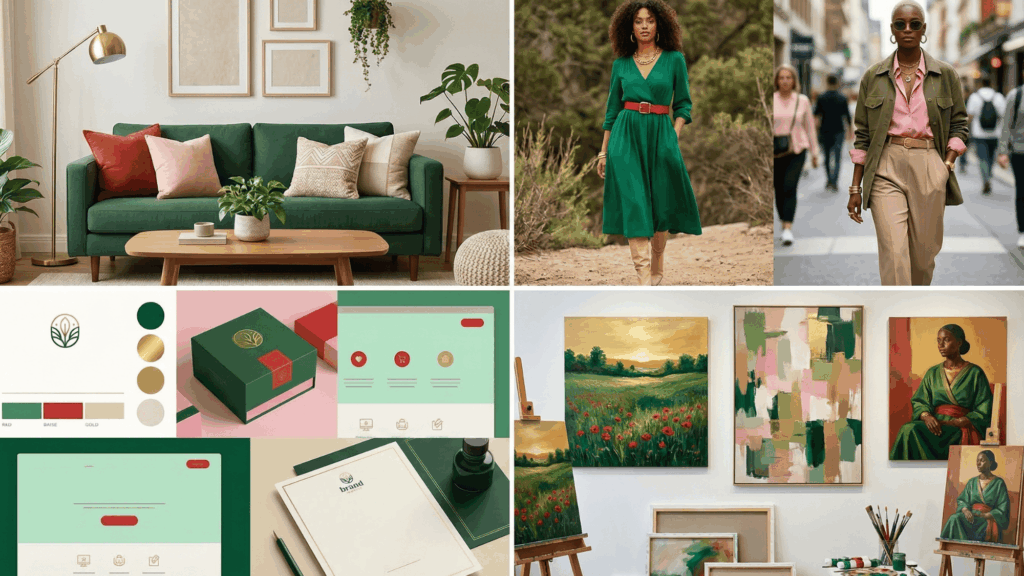 a large collage divided into four sections showing real-life uses of green complementary color