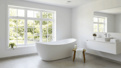 a large white garden tub placed in a bright spacious bathroom with natural light highlighting its deep soaking design and wide oval shape