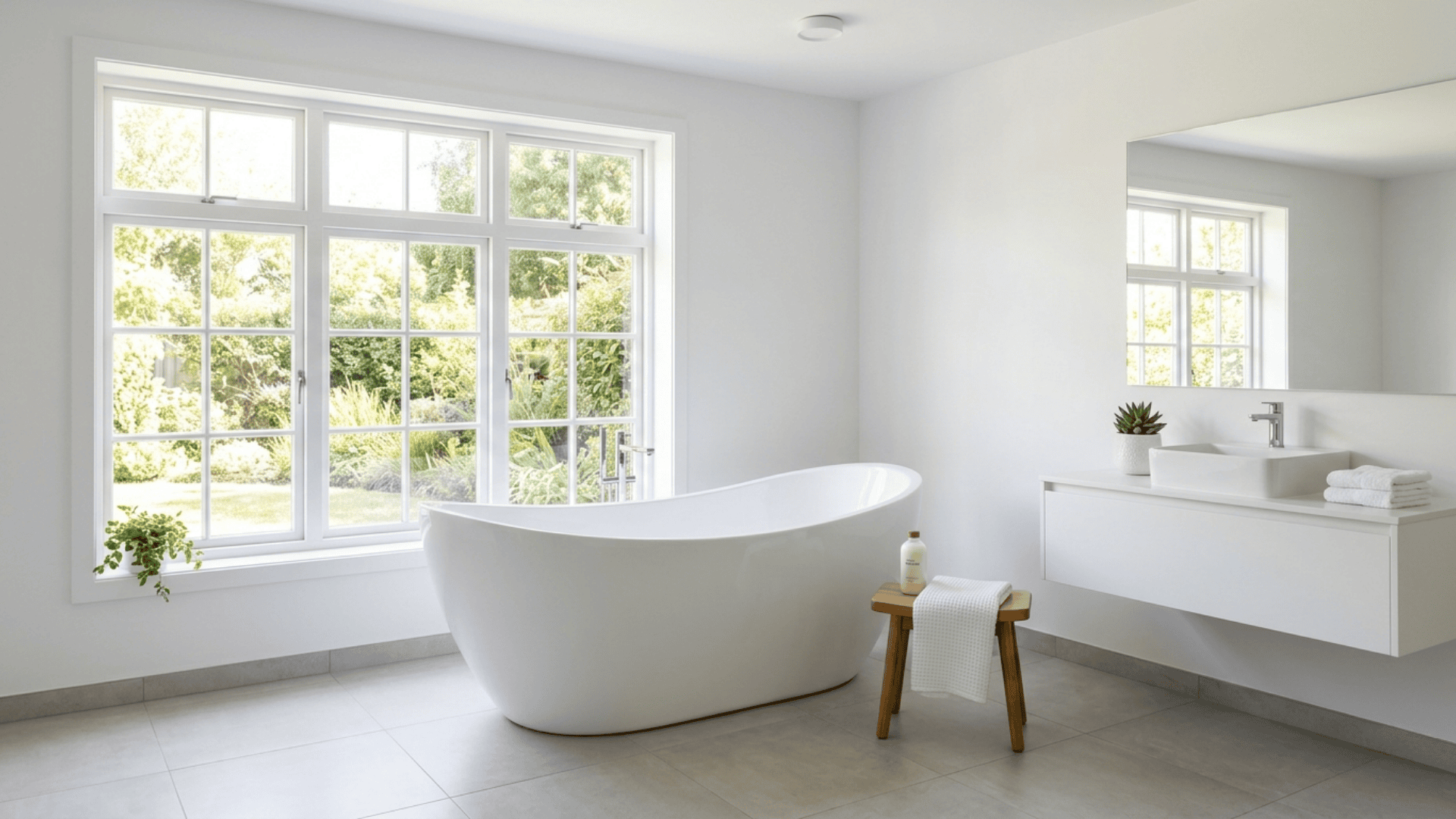 a large white garden tub placed in a bright spacious bathroom with natural light highlighting its deep soaking design and wide oval shape