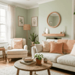 a light room with a subtle wall shade and cosy peach and white furniture and cushions
