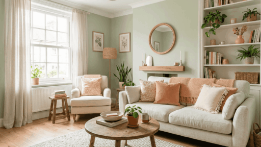 a light room with a subtle wall shade and cosy peach and white furniture and cushions