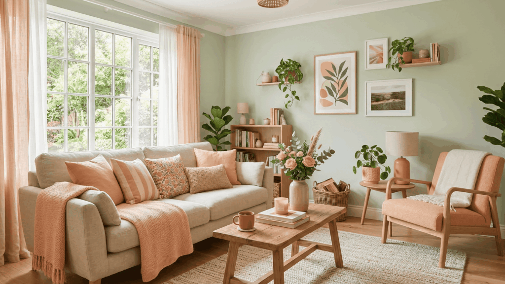 a light room with peach decor accents and pale green walls, cozy and inviting look