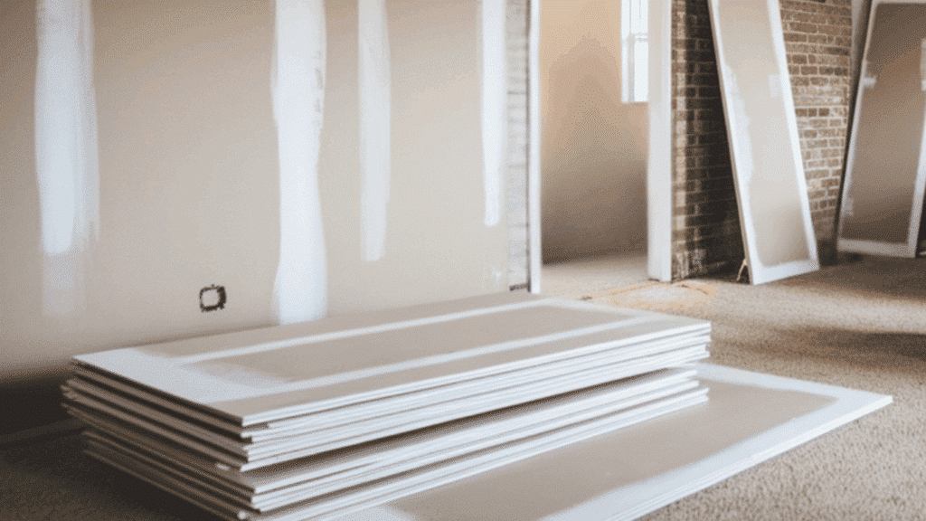 a living room with drywall installed, with drywall sheets leaning against the wall ready to finish
