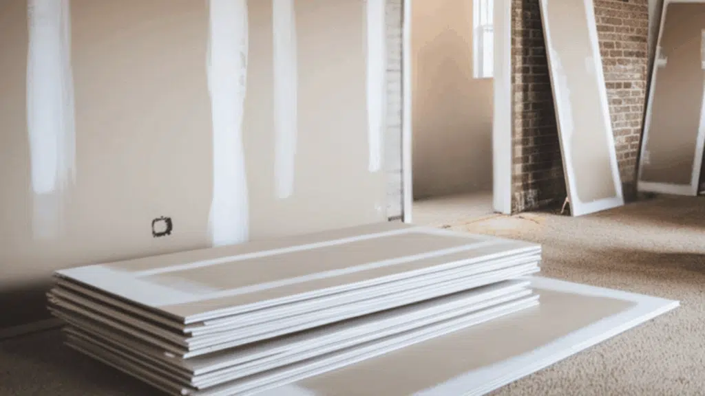 a living room with drywall installed, with drywall sheets leaning against the wall ready to finish
