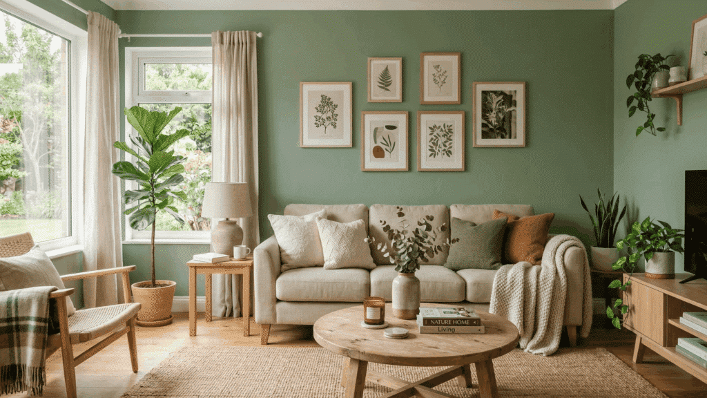 a living room with green walls and beige sofa, natural textures and clean layout