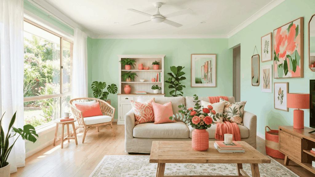 a living space with forest green sofa and maroon throw pillows, neutral rug, and soft lighting (1)