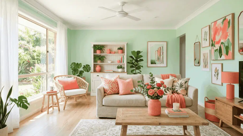 a living space with forest green sofa and maroon throw pillows, neutral rug, and soft lighting (1)
