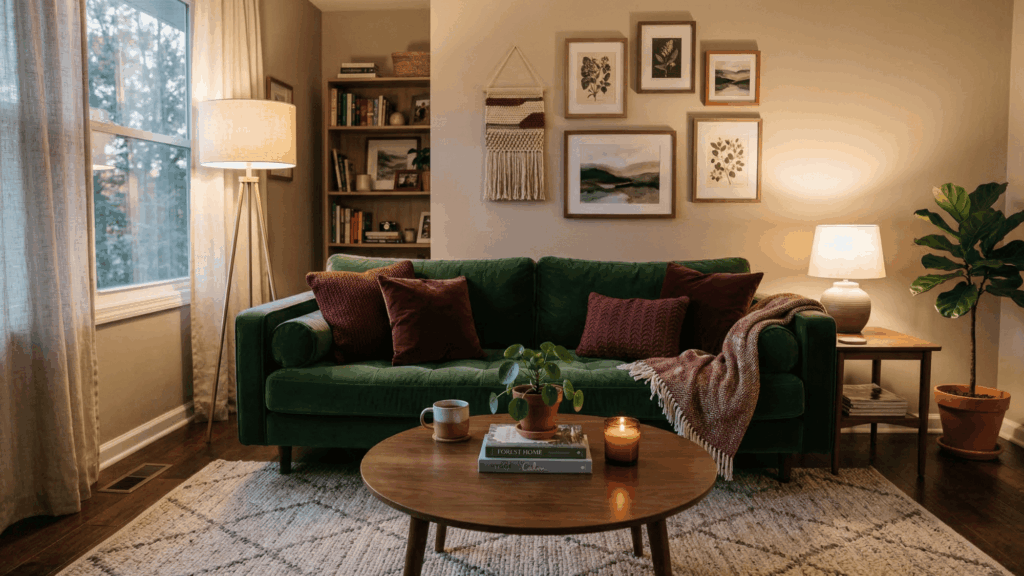 a living space with forest green sofa and maroon throw pillows, neutral rug, and soft lighting