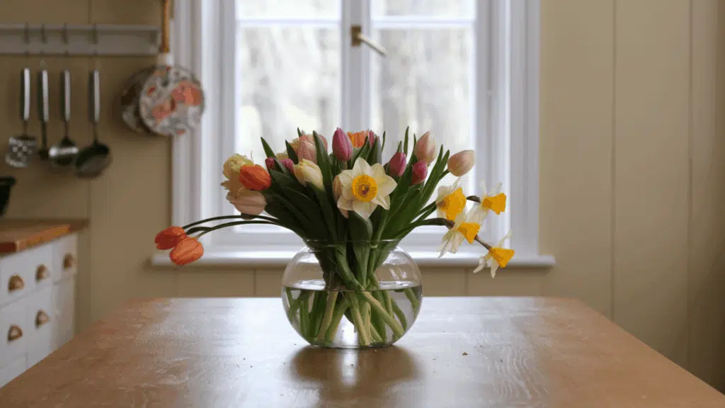 a low wide vase with fresh tulips and daffodils arranged as a seasonal spring centerpiece on a wooden kitchen table