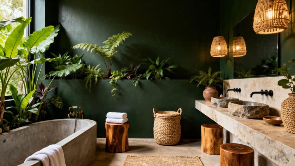 a lush dark green bathroom with abundant plants, natural stone sinks, warm woven lighting, and wooden accents, creating a serene, spa-like retreat
