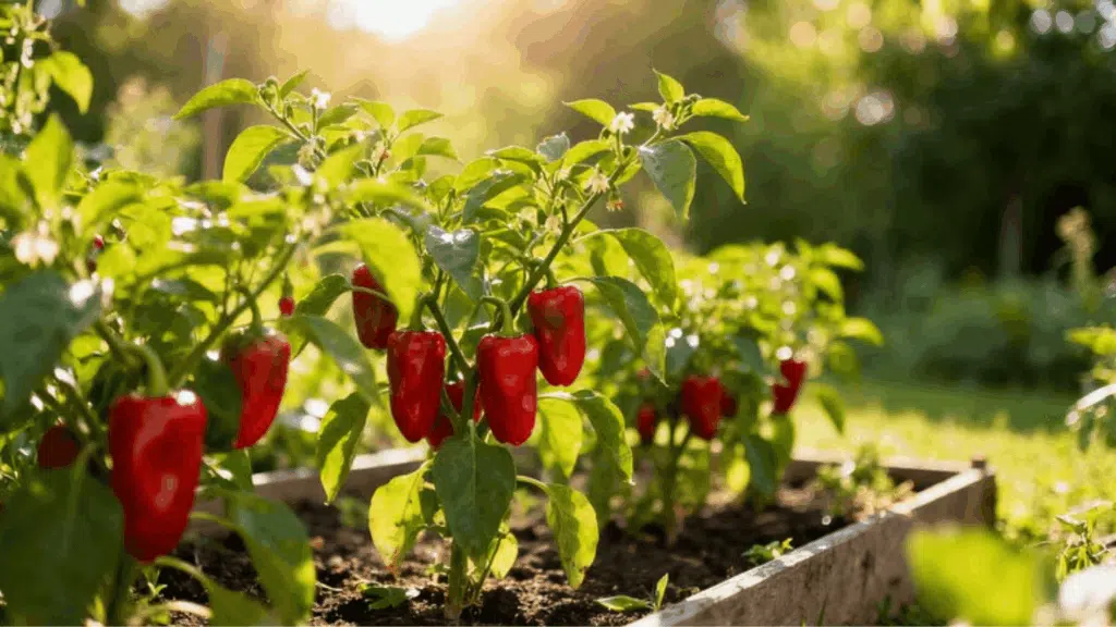 a lush, sunlit vegetable garden bed showing pepper plants, full sun overhead, realistic garden photography style, with soft green background,