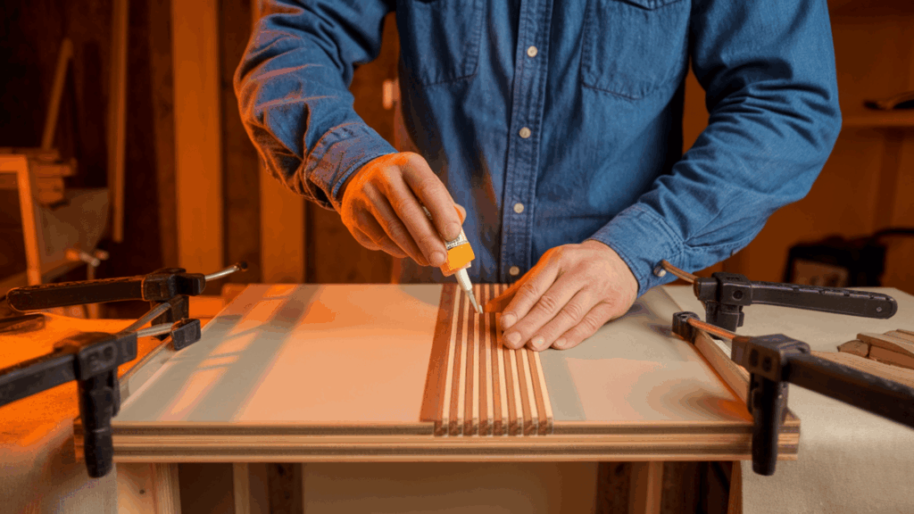 a man in a blue denim shirt applying wood glue to a thin wood strip and pressing it onto a flat cabinet door panel with clamps holding pieces in place