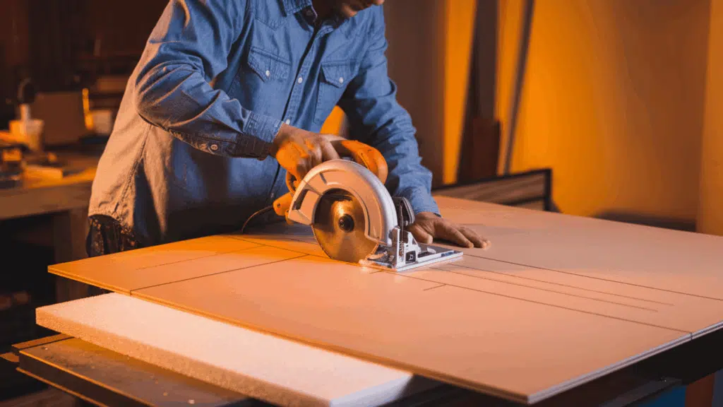 a man in a blue denim shirt cutting a large flat mdf base panel with a circular saw on a workbench with pencil measurement lines visible