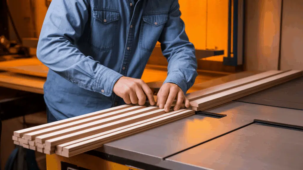 a man in a blue denim shirt cutting thin uniform wood strips on a table saw with multiple equal width pieces lined up on the workbench