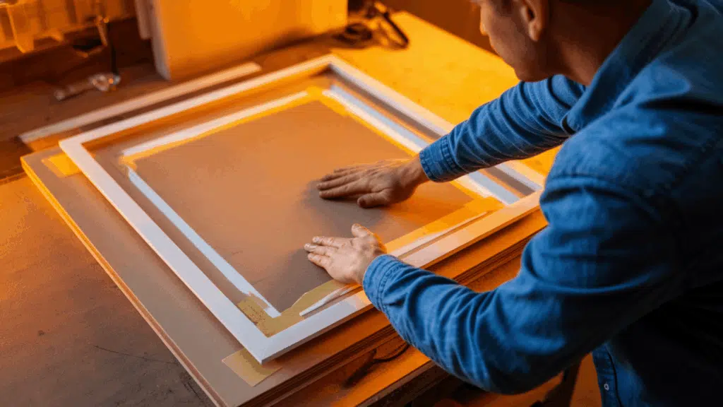 a man in a blue denim shirt pressing a flat mdf panel into an assembled cabinet door frame with tape holding the edges in place on a workbench