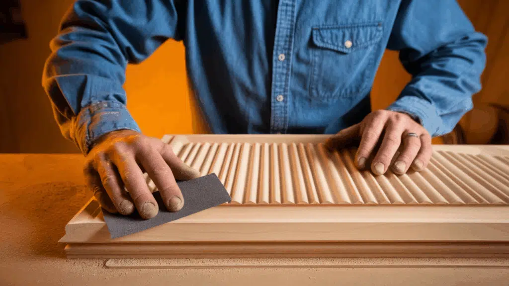 a man in a blue denim shirt sanding a completed fluted cabinet door panel focusing on edges where wood strips meet the base with sawdust visible