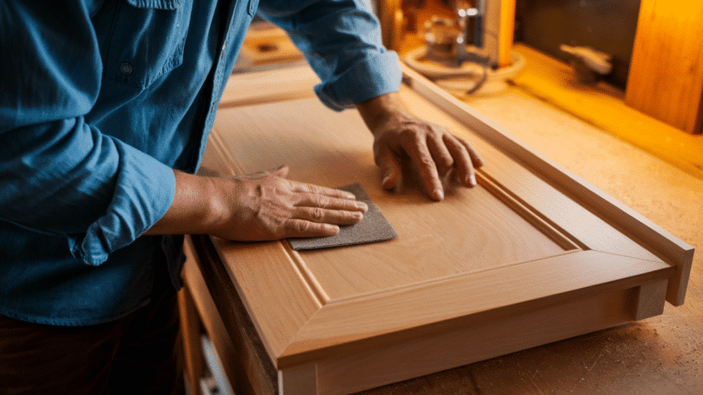 a man in a blue denim shirt sanding an assembled shaker cabinet door with sandpaper on a workbench smoothing joints and edges