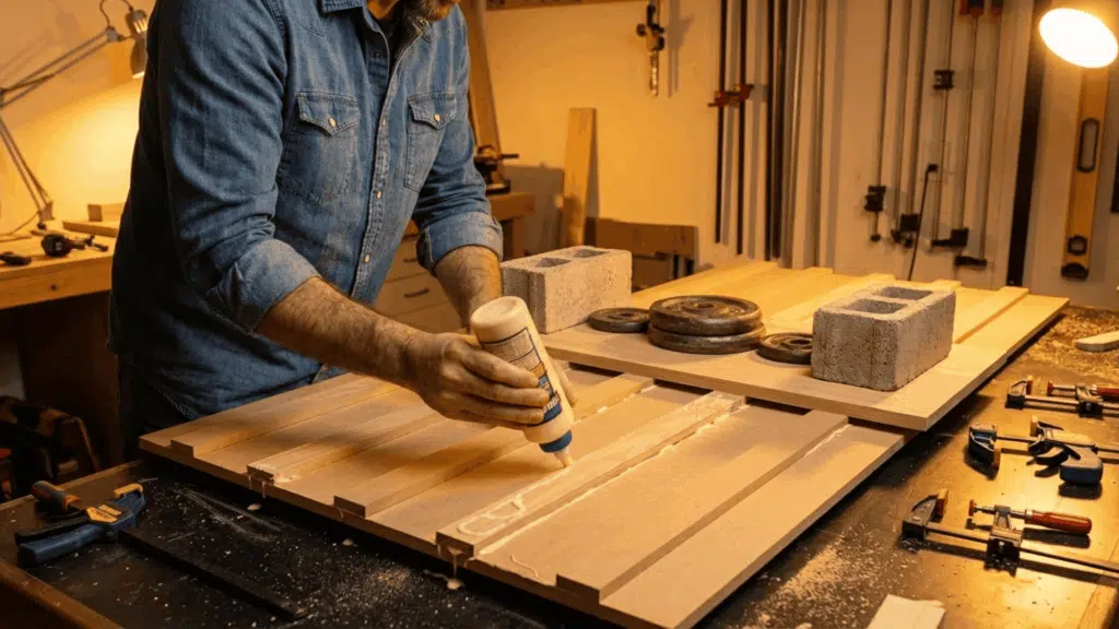 a man in a blue denim shirt spreading wood glue on mdf strips and pressing them onto a base panel with a flat board and weights on top