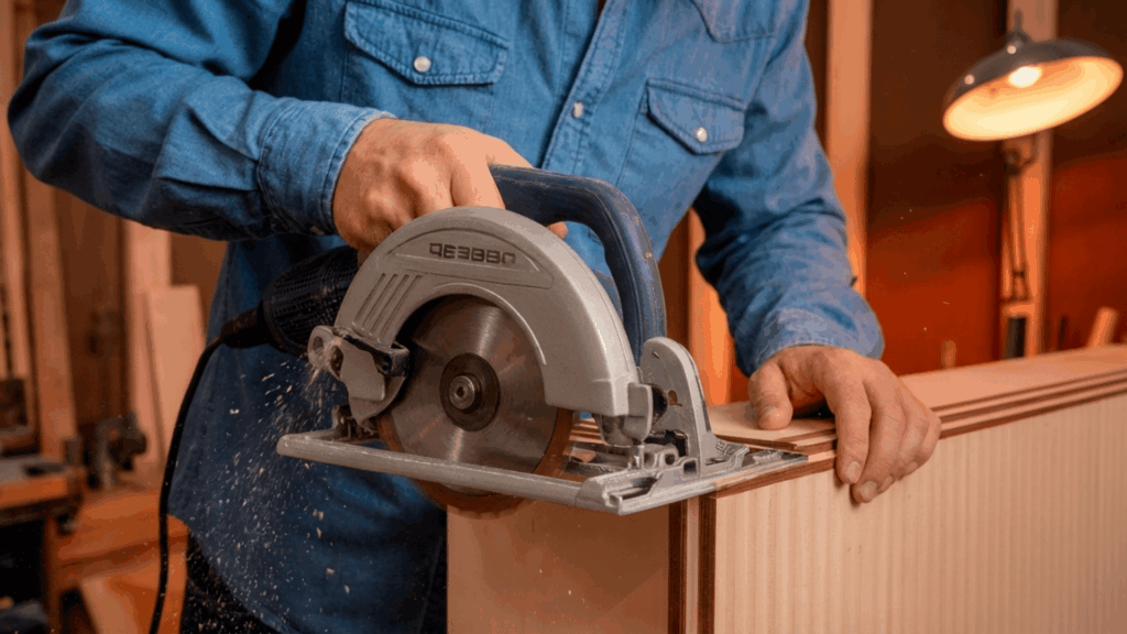 a man in a blue denim shirt trimming overhanging wood strips at the edge of a fluted cabinet door panel using a circular saw and carpenter square