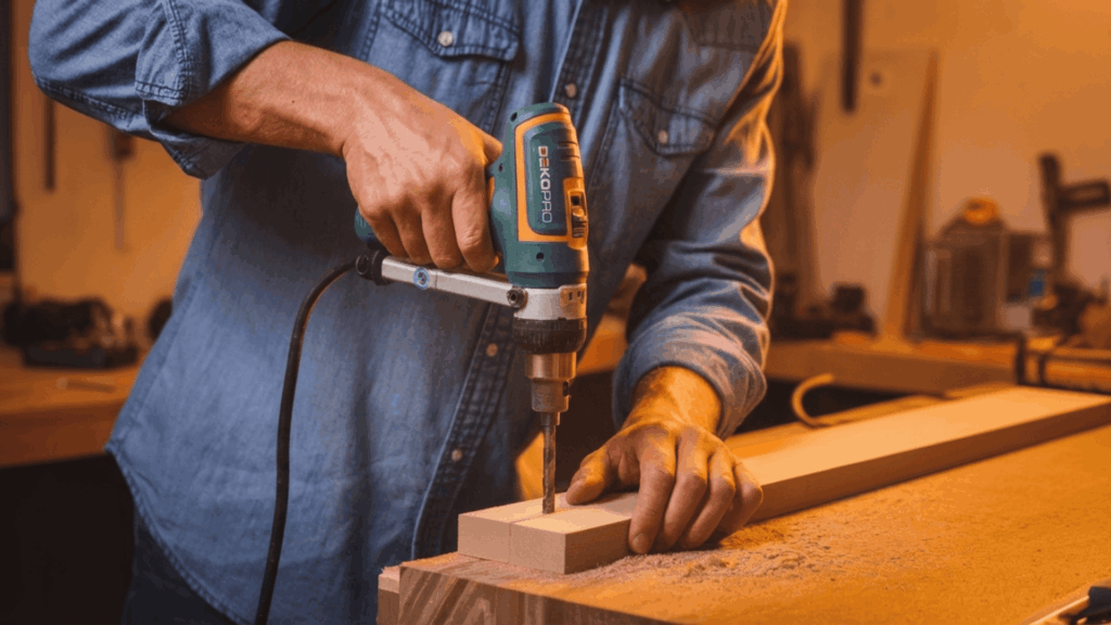 a man in a blue denim shirt using a basic pocket hole jig to drill into the end of a flat mdf rail piece on a workbench